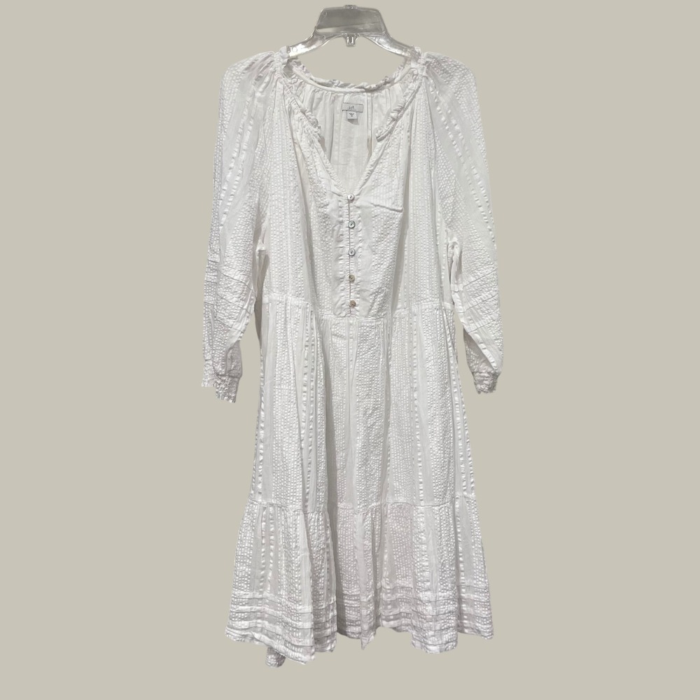 J. Jill Womens 2X White Dobby Stripe Tiered Cotton Boho Peasant Dress L/S